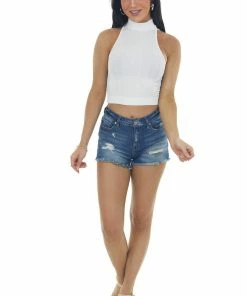 DYNAMIC Off White Halter Mock Neck Cable Knit Tank Tops