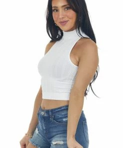 DYNAMIC Off White Halter Mock Neck Cable Knit Tank Tops