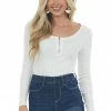 143 Story Tops Off White Henley Zipper Long Sleeve Bodysuit