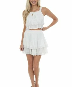 Lush Clothing Off White Lace Trim Ruffle Overlay Mini Skirt Bottoms