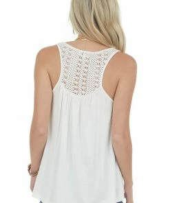 Umgee Off White Lace Yoke Babydoll Knit Tank Top Tops