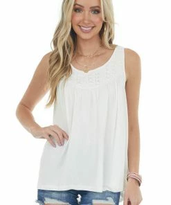 Umgee Off White Lace Yoke Babydoll Knit Tank Top Tops
