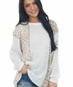 BiBi Tops Off White Leopard Colorblock Waffle Knit Top
