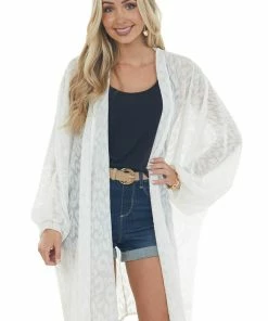 143 Story Tops Off White Leopard Print Dolman Sleeve Kimono