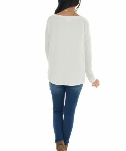 143 Story Tops Off White Lightweight Stretchy Knit Top With Long Sleeves