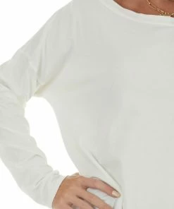 143 Story Tops Off White Lightweight Stretchy Knit Top With Long Sleeves