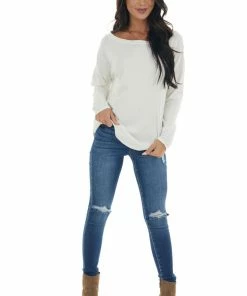 143 Story Tops Off White Lightweight Stretchy Knit Top With Long Sleeves