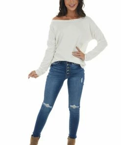 143 Story Tops Off White Lightweight Stretchy Knit Top With Long Sleeves