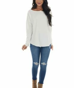 143 Story Tops Off White Lightweight Stretchy Knit Top With Long Sleeves