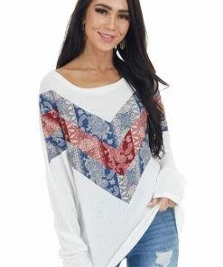 BiBi Tops Off White Long Sleeve Top With Paisley Print Colorblock