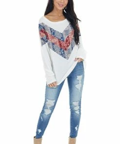 BiBi Tops Off White Long Sleeve Top With Paisley Print Colorblock