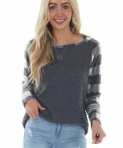 Lovely Melody Tops Off White Multiprint Contrast Brushed Knit Top