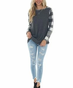 Lovely Melody Tops Off White Multiprint Contrast Brushed Knit Top