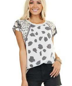 BiBi Tops Off White Multiprint Knit Top With Embroidery Details