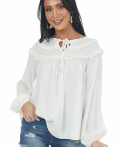 Ces Femme Off White Notch Neck Tie Tiered Frill Blouse