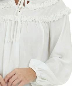 Ces Femme Off White Notch Neck Tie Tiered Frill Blouse