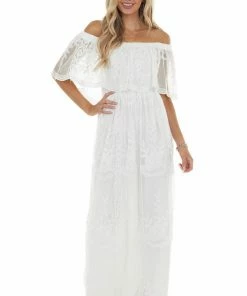 Dress Day Off White Off Shoulder Floral Lace Overlay Maxi Dress