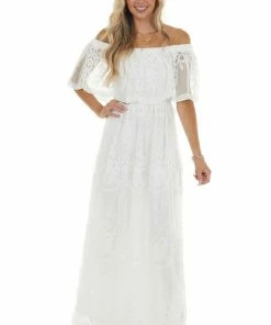 Dress Day Off White Off Shoulder Floral Lace Overlay Maxi Dress