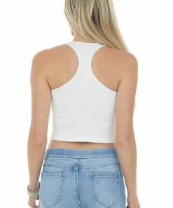 DYNAMIC Off White Ribbed Knit Racerback Crop Tank Tops