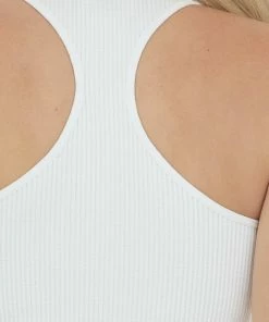 DYNAMIC Off White Ribbed Knit Racerback Crop Tank Tops