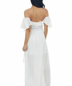 HYFVE Off White Ruffle Off Shoulder Slit Maxi Dress Dresses