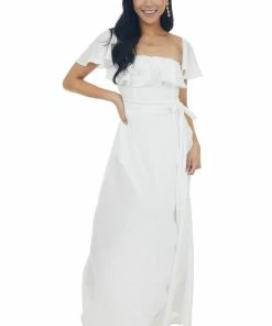 HYFVE Off White Ruffle Off Shoulder Slit Maxi Dress Dresses
