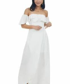 HYFVE Off White Ruffle Off Shoulder Slit Maxi Dress Dresses