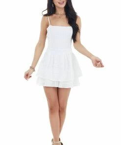Main Strip Off White Ruffled Romper With Adjustable Spaghetti Straps Dresses