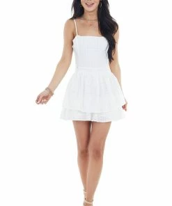 Main Strip Off White Ruffled Romper With Adjustable Spaghetti Straps Dresses