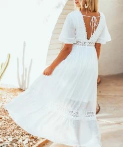 Wishlist Off White Short Ruffle Sleeve Maxi Dress With Lace Details