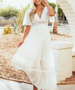 Wishlist Off White Short Ruffle Sleeve Maxi Dress With Lace Details
