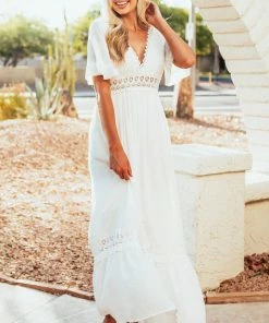 Wishlist Off White Short Ruffle Sleeve Maxi Dress With Lace Details