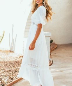Wishlist Off White Short Ruffle Sleeve Maxi Dress With Lace Details