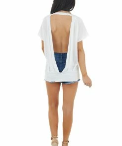 Mono B Off White Short Sleeve Backless Knit Top With Banded Hem
