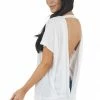 Mono B Off White Short Sleeve Backless Knit Top With Banded Hem