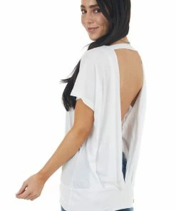 Mono B Off White Short Sleeve Backless Knit Top With Banded Hem