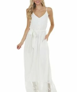 Main Strip Dresses Off White Sleeveless Maxi Dress With Contrast Lace Hem