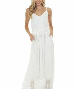 Main Strip Dresses Off White Sleeveless Maxi Dress With Contrast Lace Hem