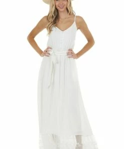 Main Strip Dresses Off White Sleeveless Maxi Dress With Contrast Lace Hem