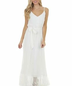 Main Strip Dresses Off White Sleeveless Maxi Dress With Contrast Lace Hem
