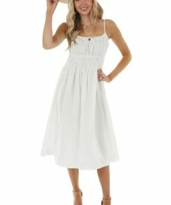 Lush Clothing Off White Sleeveless Midi Dress With Smocked Waistline Dresses