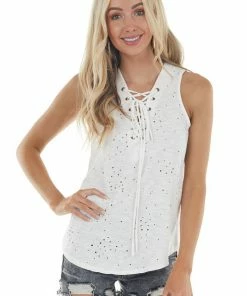 CY Fashion Off White Sleeveless Top With Front Tie And Distressed Holes Tops