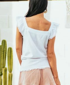 Doe & Rae Off White Square Neck Frayed Detail Woven Top Tops 12 Doe & Rae Off White Square Neck Frayed Detail Woven Top Tops