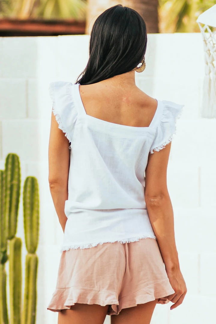 Doe & Rae Off White Square Neck Frayed Detail Woven Top Tops 7 Doe & Rae Off White Square Neck Frayed Detail Woven Top Tops