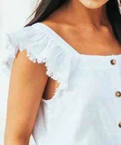 Doe & Rae Off White Square Neck Frayed Detail Woven Top Tops 13 Doe & Rae Off White Square Neck Frayed Detail Woven Top Tops