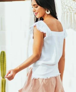 Doe & Rae Off White Square Neck Frayed Detail Woven Top Tops 11 Doe & Rae Off White Square Neck Frayed Detail Woven Top Tops