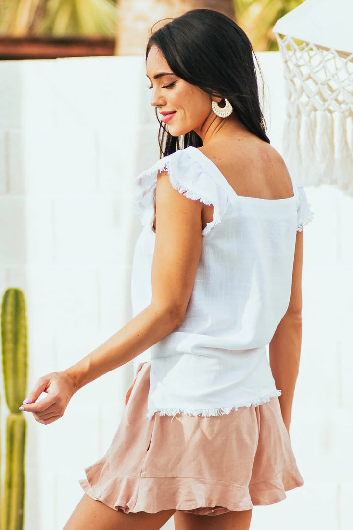 Doe & Rae Off White Square Neck Frayed Detail Woven Top Tops 6 Doe & Rae Off White Square Neck Frayed Detail Woven Top Tops