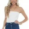 Entro Off White Strapless Stretchy Knit Bodysuit With Ruched Sides