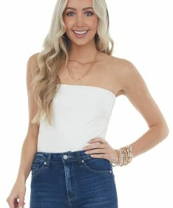 Entro Off White Strapless Stretchy Knit Bodysuit With Ruched Sides