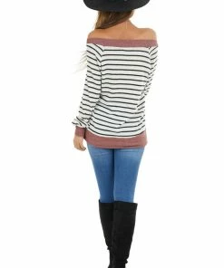 Staccato Tops Off White Striped Stretchy Knit Top With Dusty Coral Trim
